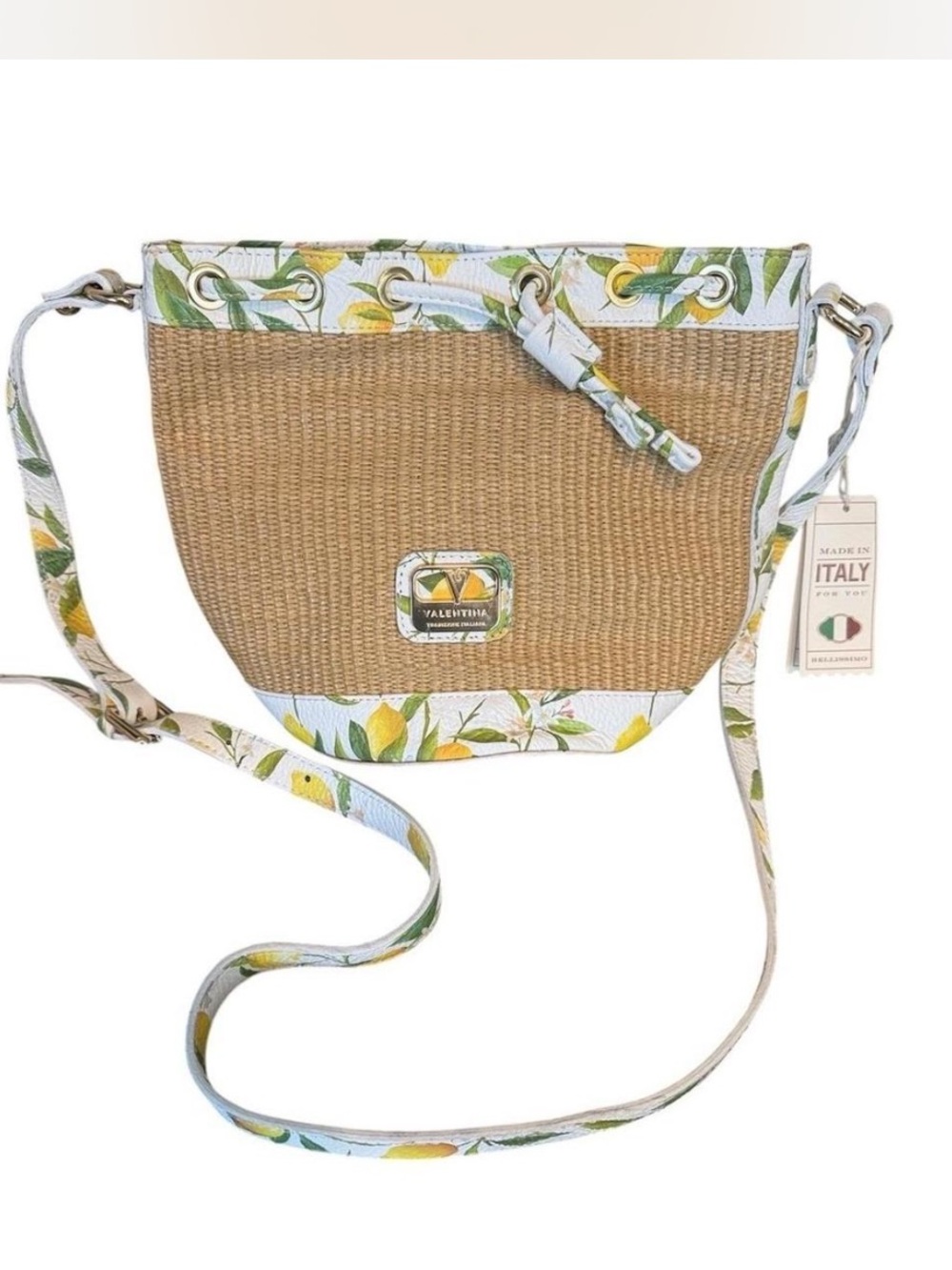 Valentina Straw Crossbody Bag in Lemon Floral Trim